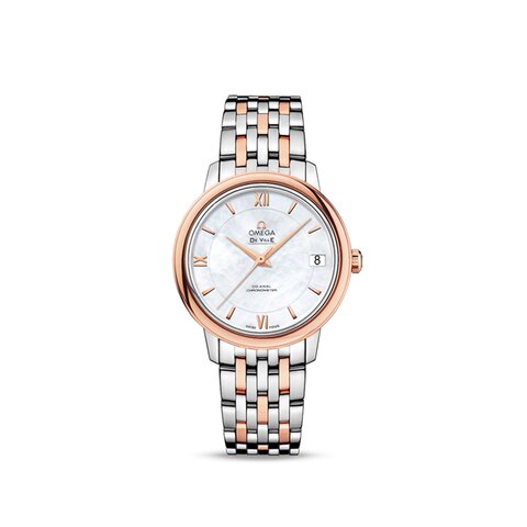 Omega horloge met een kast in rosé goud op staal, met een wijzerplaat in het parelmoer en een diameter van 32.7 mm