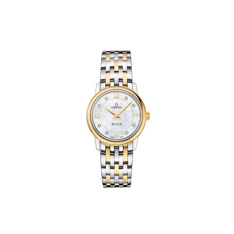 Omega horloge met een kast in geel goud op staal, met een wijzerplaat in het parelmoer met  briljant en een diameter van 27 mm