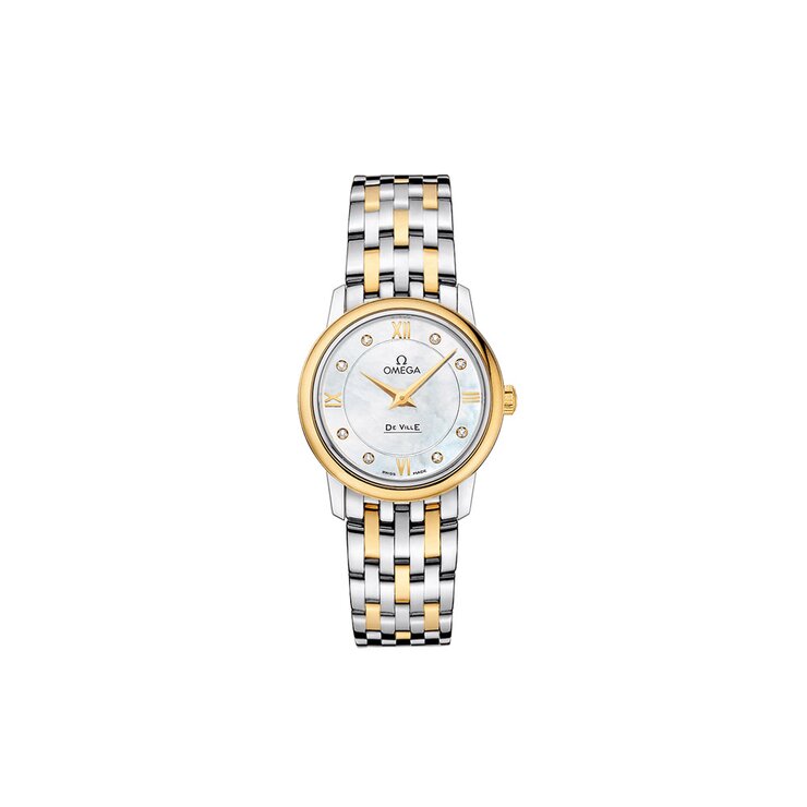 Omega horloge met een kast in geel goud op staal, met een wijzerplaat in het parelmoer met  briljant en een diameter van 27 mm