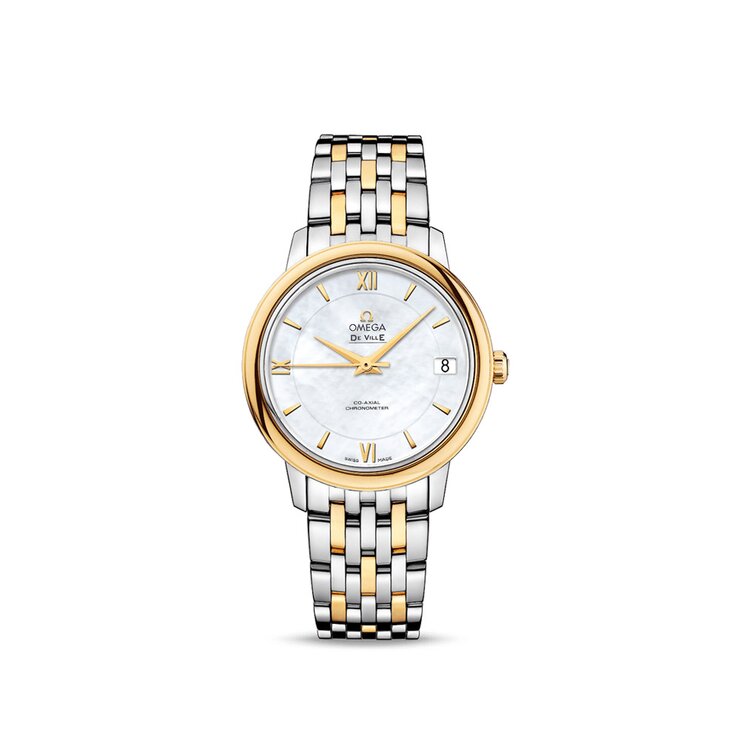 Omega horloge met een kast in geel goud op staal, met een wijzerplaat in het parelmoer en een diameter van 32.7 mm