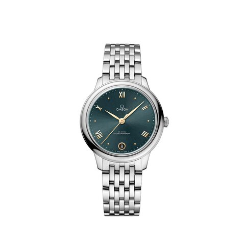 Omega horloge met een kast in staal, met een wijzerplaat in het groen en een diameter van 34 mm