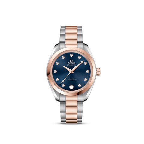 Omega horloge met een kast in staal, met een wijzerplaat in het blauw met briljant en een diameter van 34 mm