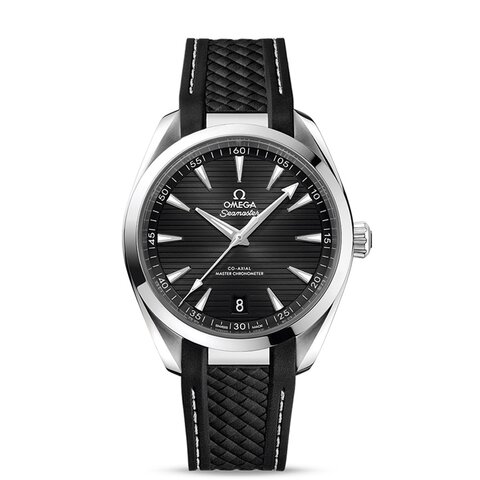 Omega horloge met een kast in staal, met een wijzerplaat in het zwart en een diameter van 41 mm