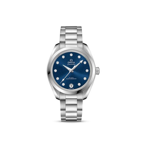 Omega horloge met een kast in staal, met een wijzerplaat in het blauw met briljant en een diameter van 34 mm