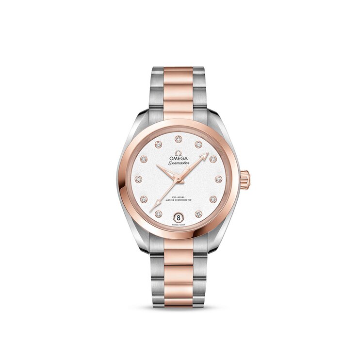 Omega horloge met een kast in rosé goud op staal, met een wijzerplaat in het wit met  briljant en een diameter van 34 mm