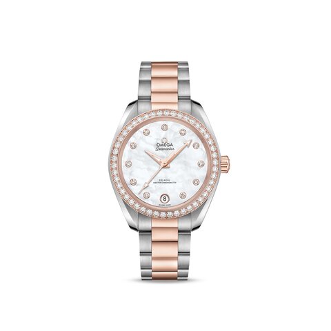 Omega horloge met een kast in rosé goud op staal, met een wijzerplaat in het parelmoer met  briljant en een diameter van 34 mm