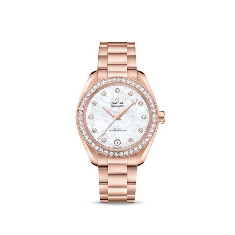 Omega horloge met een kast in rosé goud, met een wijzerplaat in het parelmoer met  briljant en een diameter van 34 mm