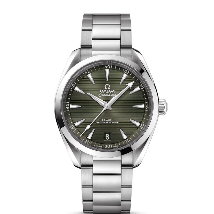 Omega horloge met een kast in staal, met een wijzerplaat in het groen en een diameter van 41 mm
