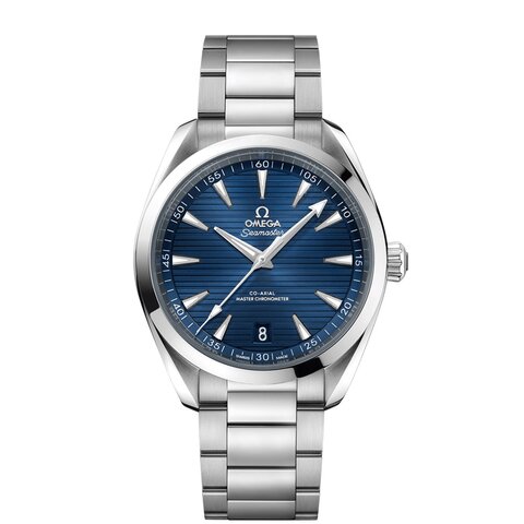 Omega horloge met een kast in staal, met een wijzerplaat in het blauw en een diameter van 41 mm