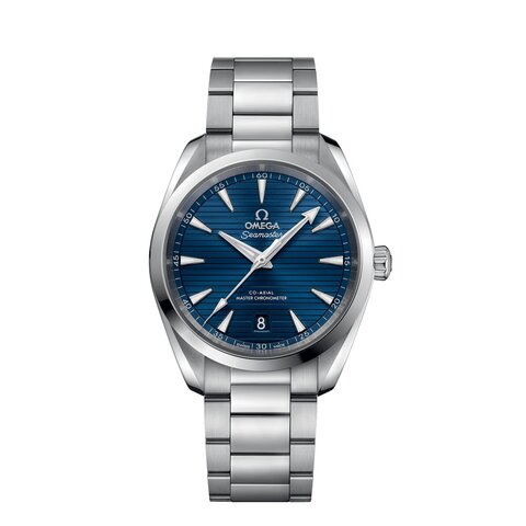 Omega horloge met een kast in staal, met een wijzerplaat in het blauw en een diameter van 38 mm
