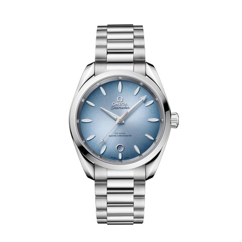 Omega horloge met een kast in staal, met een wijzerplaat in het blauw en een diameter van 38 mm