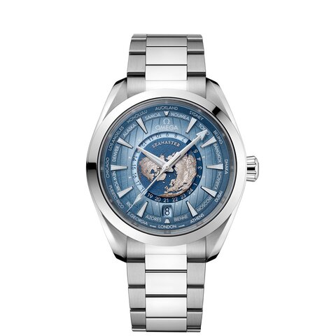 Omega horloge met een kast in staal, met een wijzerplaat in het blauw en een diameter van 43 mm