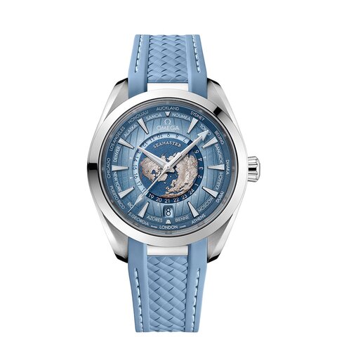 Omega horloge met een kast in staal, met een wijzerplaat in het blauw en een diameter van 43 mm