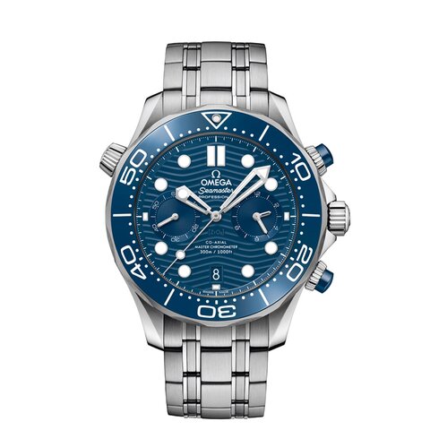 Omega horloge met een kast in staal, met een wijzerplaat in het blauw en een diameter van 44 mm