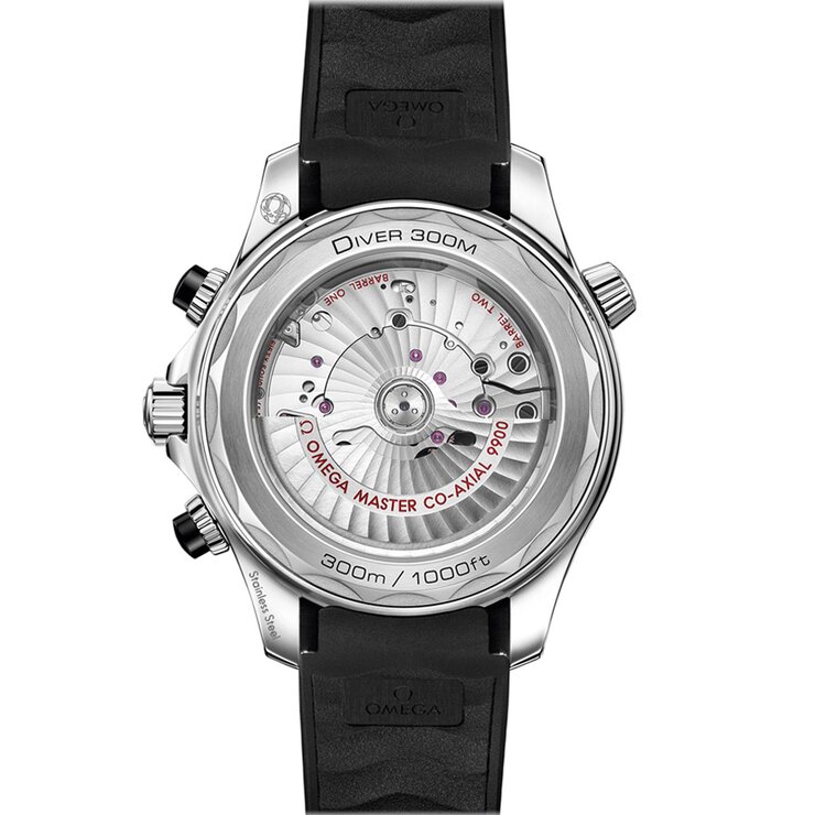 Omega horloge met een kast in staal, met een wijzerplaat in het zwart en een diameter van 44 mm