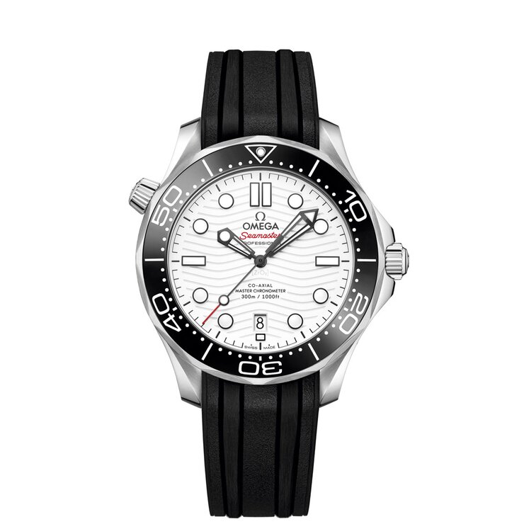 Omega horloge met een kast in staal, met een wijzerplaat in het wit en een diameter van 42 mm