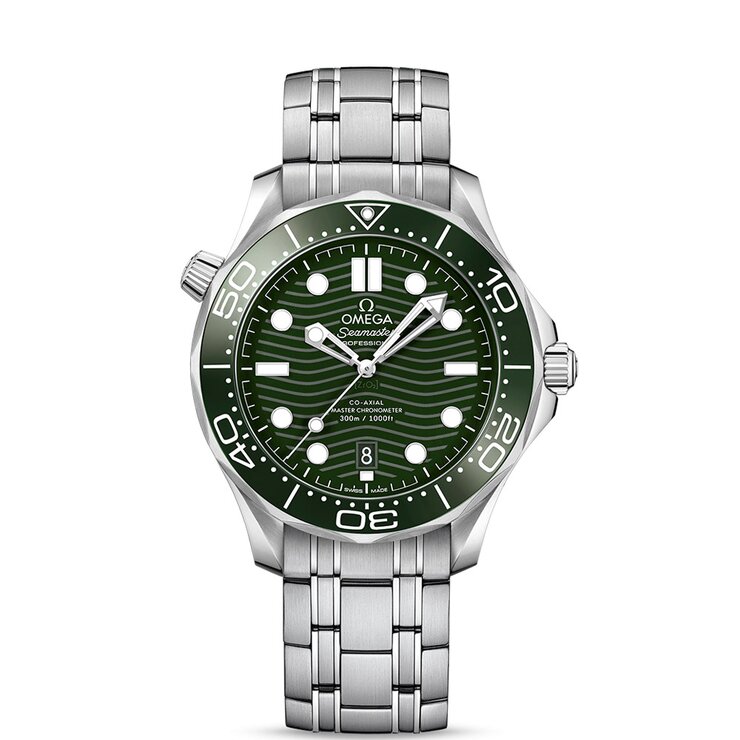 Omega horloge met een kast in staal, met een wijzerplaat in het groen en een diameter van 42 mm