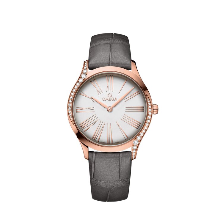 Omega horloge met een kast in rosé goud, met een wijzerplaat in het zilver en een diameter van 36 mm