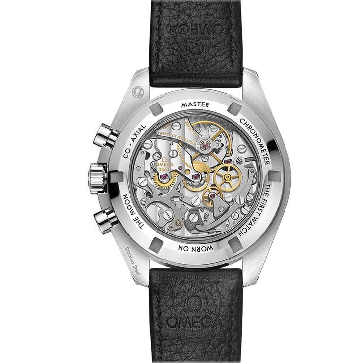 Omega horloge met een kast in staal, met een wijzerplaat in het zwart en een diameter van 42 mm