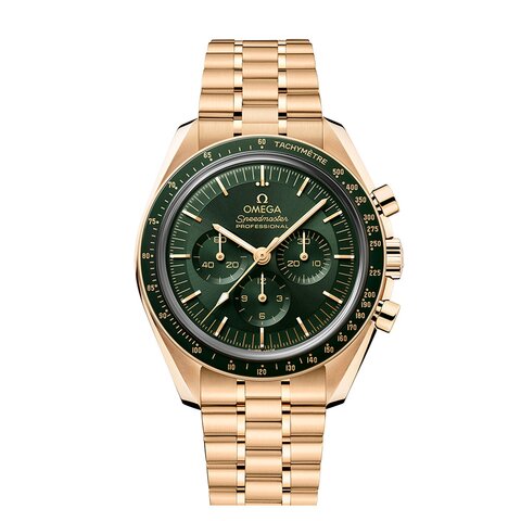 Omega horloge met een kast in geel goud, met een wijzerplaat in het groen en een diameter van 42 mm