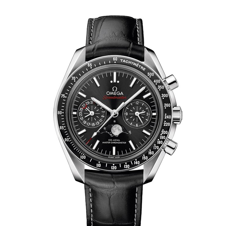 Omega horloge met een kast in staal, met een wijzerplaat in het zwart en een diameter van 44.25 mm