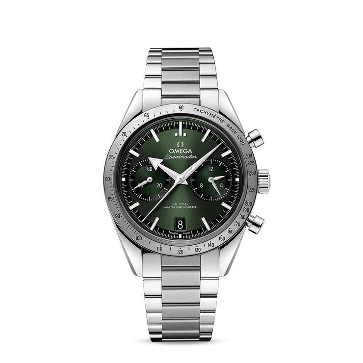 Omega horloge met een kast in staal, met een wijzerplaat in het groen en een diameter van 40.5 mm