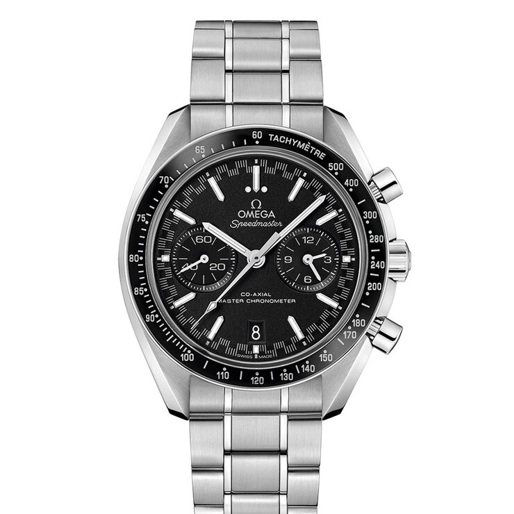 Omega horloge met een kast in staal, met een wijzerplaat in het zwart en een diameter van 44.25 mm