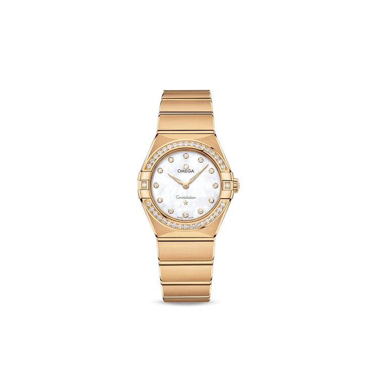 Omega horloge met een kast in geel goud, met een wijzerplaat in het parelmoer met  briljant en een diameter van 28 mm