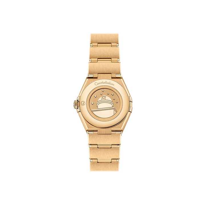 Omega horloge met een kast in geel goud, met een wijzerplaat in het parelmoer met  briljant en een diameter van 28 mm