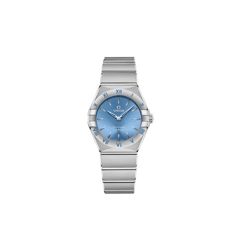 Omega horloge met een kast in staal, met een wijzerplaat in het blauw en een diameter van 28 mm