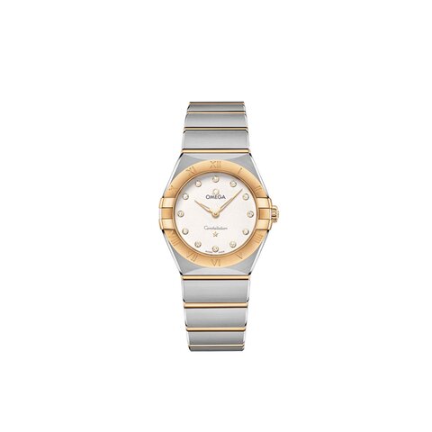 Omega horloge met een kast in geel goud op staal, met een wijzerplaat in het wit met  briljant en een diameter van 28 mm