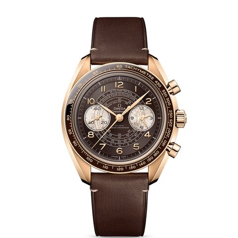 Omega horloge met een kast in bronsgoud 9kt, met een wijzerplaat in het bruin en een diameter van 43 mm
