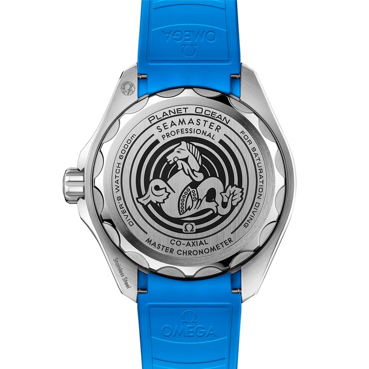 Omega horloge met een kast in staal, met een wijzerplaat in het blauw en een diameter van 45.5 mm