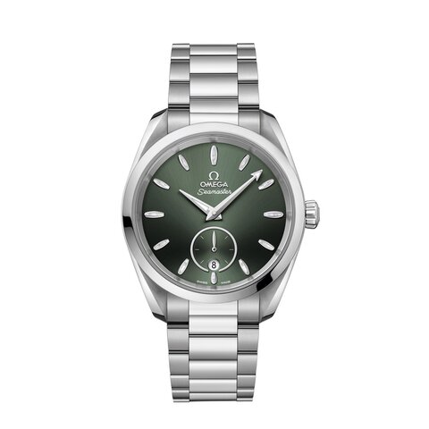 Omega horloge met een kast in staal, met een wijzerplaat in het groen en een diameter van 38 mm