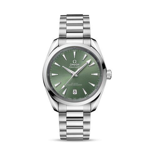 Omega horloge met een kast in staal, met een wijzerplaat in het groen en een diameter van 38 mm