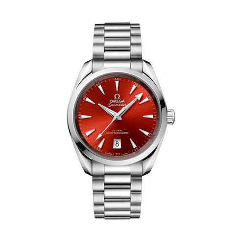 Omega horloge met een kast in staal, met een wijzerplaat in het rood en een diameter van 38 mm
