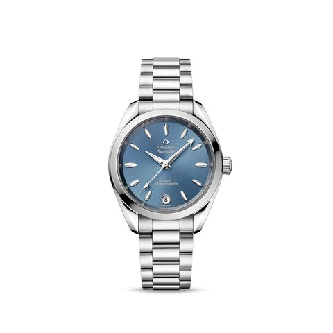 Omega horloge met een kast in staal, met een wijzerplaat in het blauw en een diameter van 34 mm