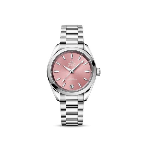 Omega horloge met een kast in staal, met een wijzerplaat in het roze en een diameter van 34 mm