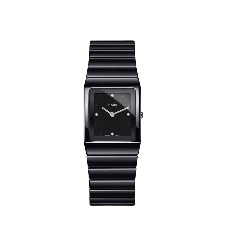 Rado horloge met een kast in keramiek, met een wijzerplaat in het zwart met briljant en een diameter van 22.9 x 31.7 mm