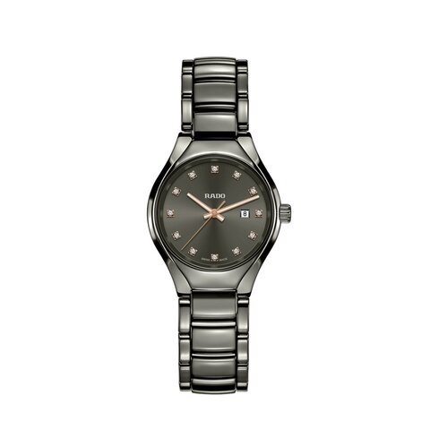 Rado horloge met een kast in keramiek, met een wijzerplaat in het grijs met briljant en een diameter van 30 mm