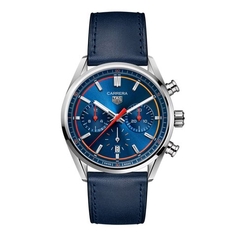 TAG Heuer horloge met een kast in staal, met een wijzerplaat in het blauw en een diameter van 42 mm