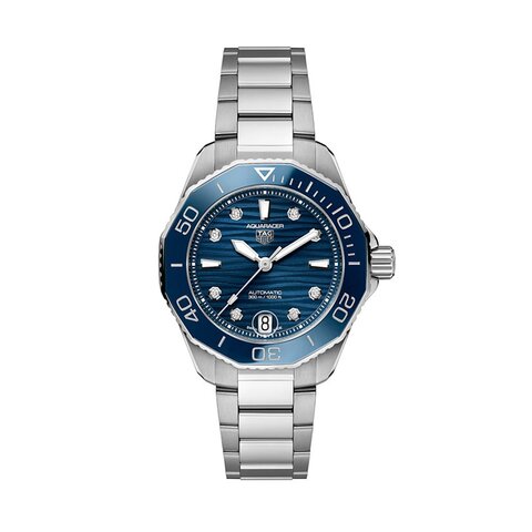 TAG Heuer horloge met een kast in staal, met een wijzerplaat in het blauw met briljant en een diameter van 36 mm