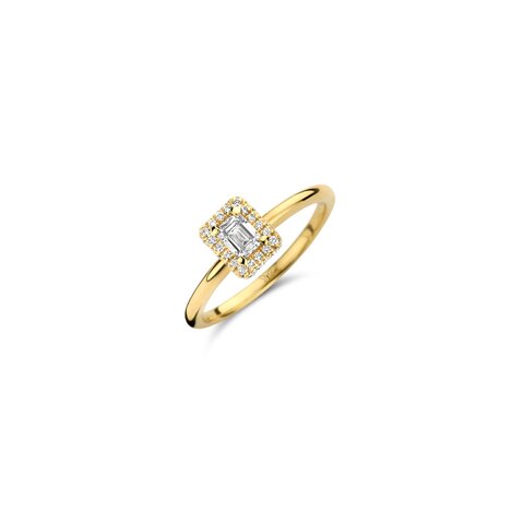 The Exclusive Collection verlovingsring in geel goud 18kt met emerald diamant van 0,30 karaat als hoofdsteen omringd door briljanten van 0,14 karaat