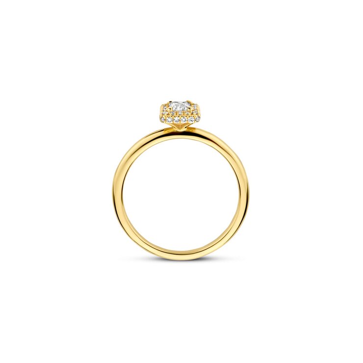 The Exclusive Collection verlovingsring in geel goud 18kt met emerald diamant van 0,30 karaat als hoofdsteen omringd door briljanten van 0,14 karaat