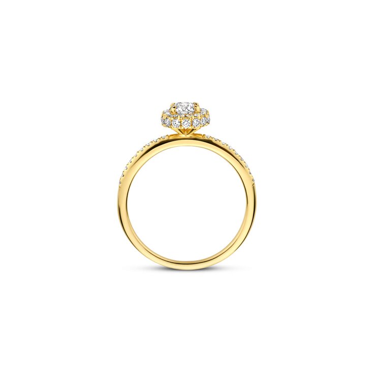 The Exclusive Collection verlovingsring in geel goud 18kt met briljant (ronde diamant) van 0,30 karaat als hoofdsteen omringd door briljanten van 0,32 karaat