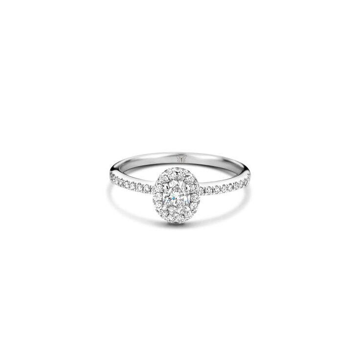 The Exclusive Collection verlovingsring in wit goud 18kt met ovalen diamant van 0,30 karaat als hoofdsteen omringd door briljanten van 0,31 karaat
