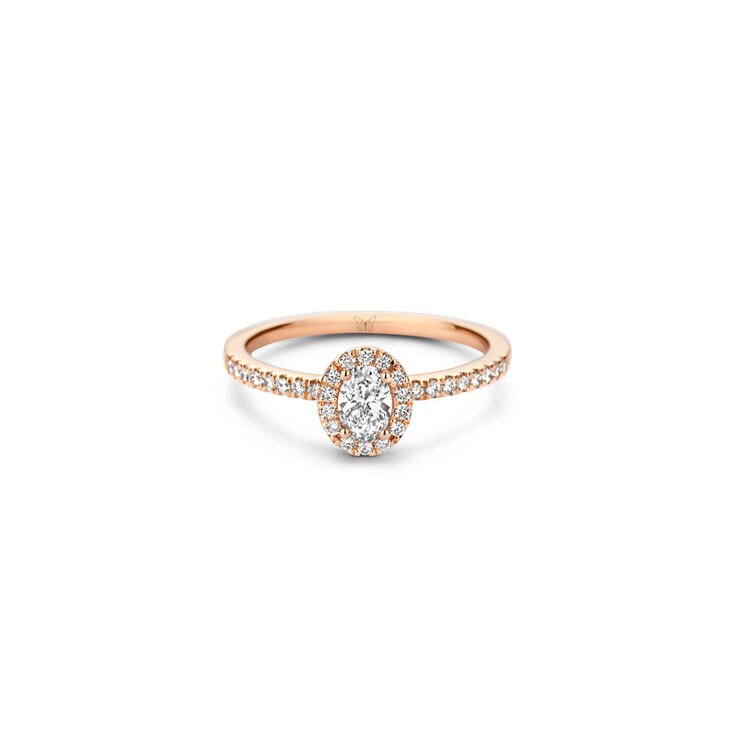 The Exclusive Collection verlovingsring in rosé goud 18kt met ovalen diamant van 0,30 karaat als hoofdsteen omringd door briljanten van 0,24 karaat
