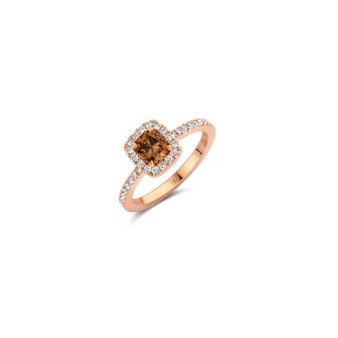 The Exclusive Collection verlovingsring in rosé goud 18kt met bruine cushion diamant als hoofdsteen omringd door briljanten van 0,34 karaat