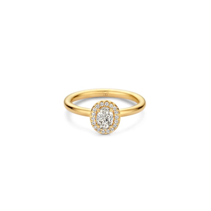The Exclusive Collection verlovingsring in geel goud 18kt met ovalen diamant van 0,51 karaat als hoofdsteen omringd door briljanten van 0,20 karaat