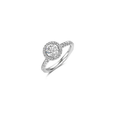 The Exclusive Collection verlovingsring in wit goud 18kt met briljant (ronde diamant) van 1,06 karaat als hoofdsteen omringd door briljanten van 0,48 karaat
